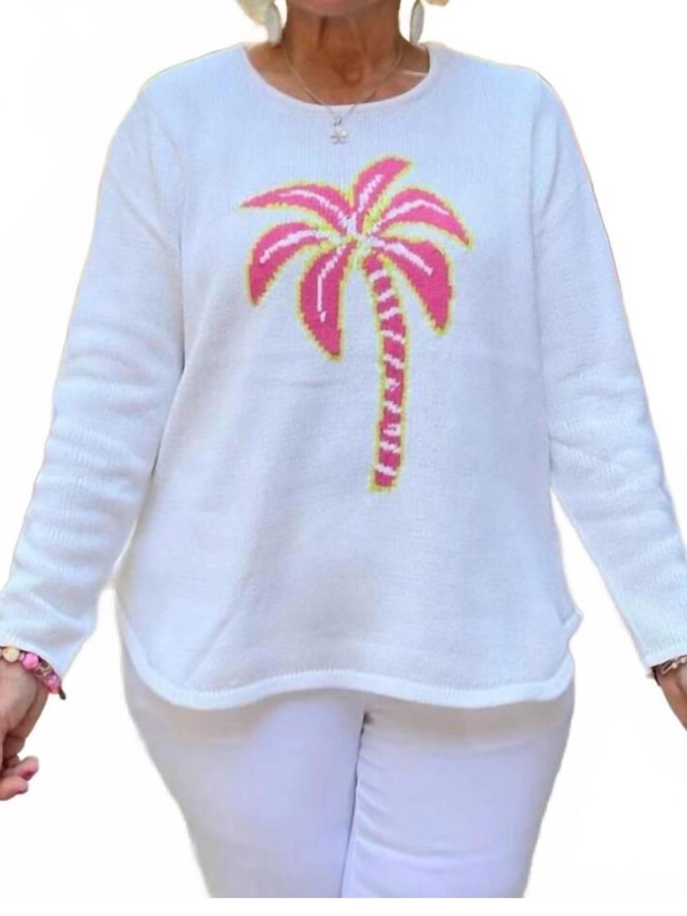 Lulu-B White Crewneck Sweater with Pink & Yellow Palm Tree